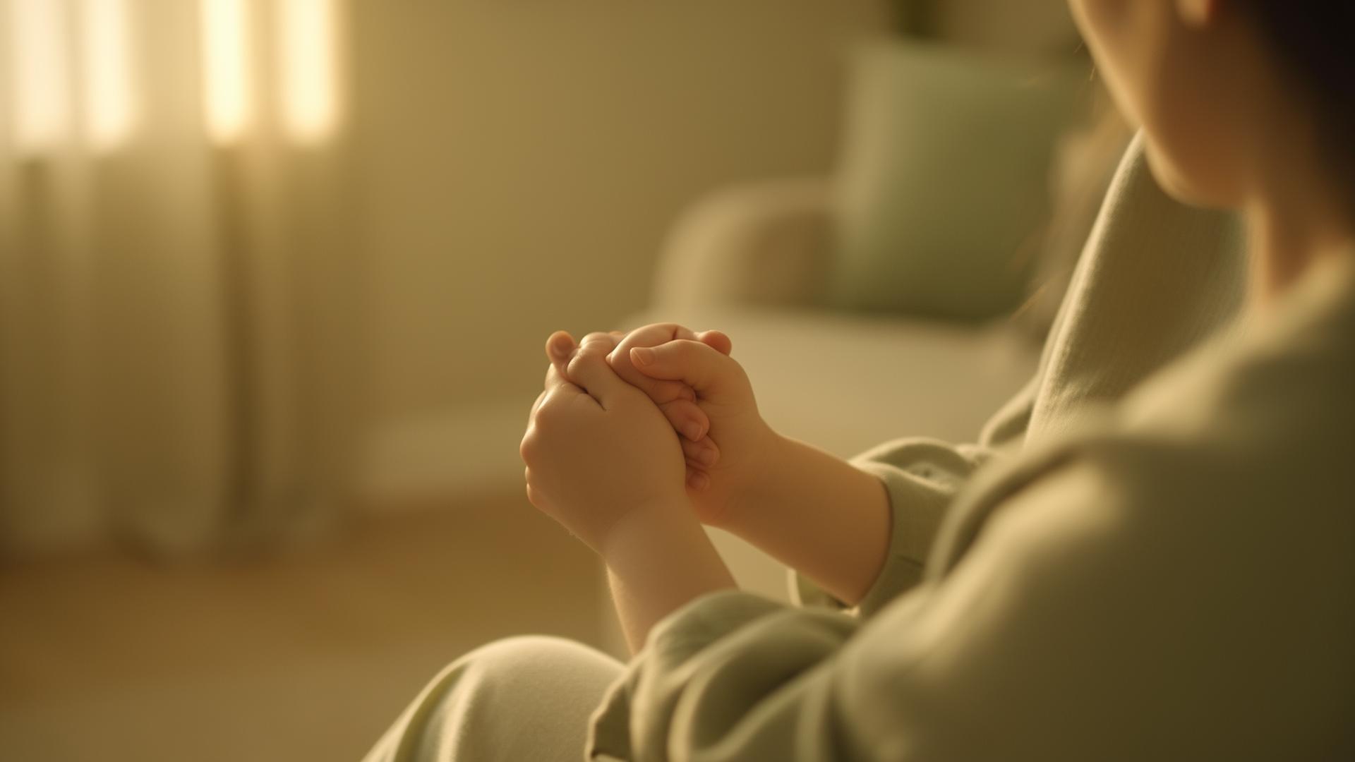 A parent and child sitting together in calm, warm light